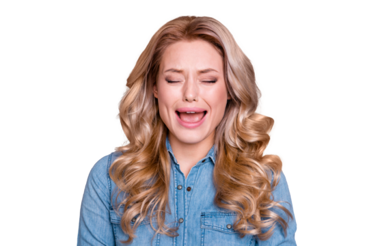 Close-up portrait of nice cute attractive desperate wavy-haired miserable lady crying having bad news day isolated over gray violet purple pastel background