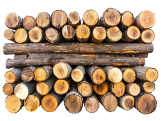  a photo of a heap of lumber logs, sorted and arranged in a neat pile, isolated on a white background