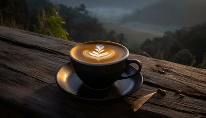 Coffee cup with latte art on a dark rustic wooden table on a gloomy day - obrazy, fototapety, plakaty