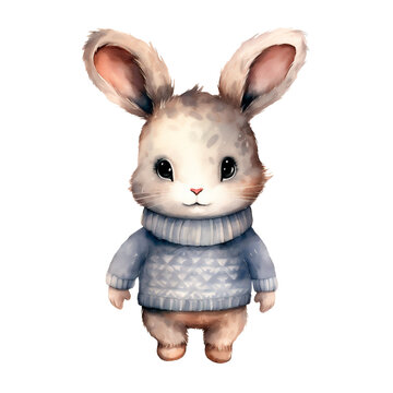 Watercolor hand-painted illustration of a bunny in a sweater. Isolated on a transparent background