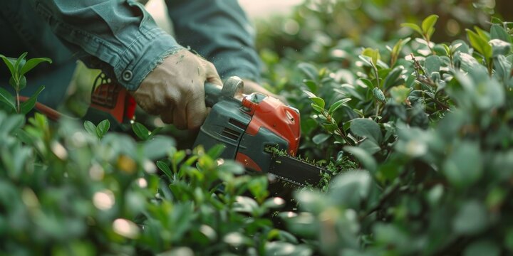 Close up of man hand with hedge trimmer cutting bushes.