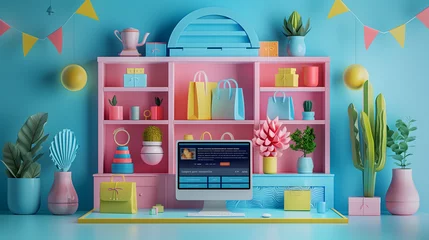 Foto op Plexiglas scène miniature colorée bleu et rose d'une étagère de magasin  © Valrie