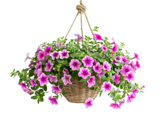 a photo of a hanging gardening planter with lush ferns spilling over, isolated on a white background