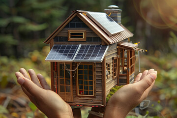 A pair of hands holding a tiny, off-grid cabin with solar panels and a rainwater catchment system, set against a backdrop of untouched wilderness.