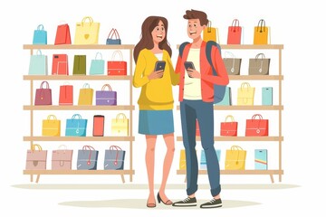 Shopping a new digital device. Happy couple buying a smartphone in store, Generative AI