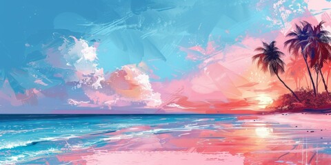 Pastel colors of tropical beach drawing background. Summer holiday and travel vacation concept.