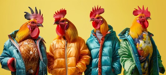Quirky and colorful concept of rooster heads on human bodies, each wearing vibrant puffer jackets. They stand in a row against a yellow background, fashion and individuality.