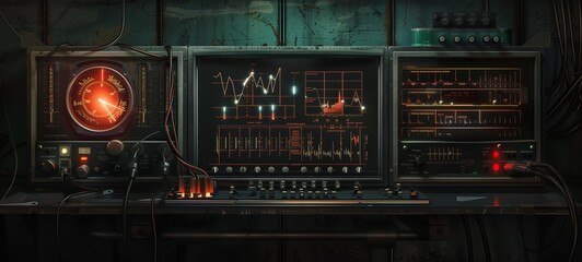 A mixed-signal oscilloscope with various dials, graphs, and glowing indicators. Set in a dark, industrial environment, it's a powerful representation of electronic measurement and diagnostics. - obrazy, fototapety, plakaty
