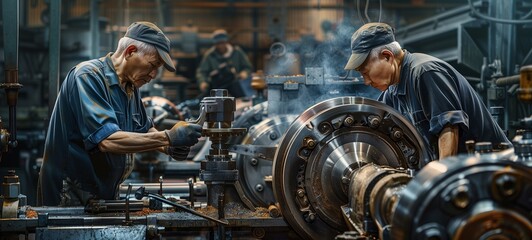 Industrial environment with two workers operating heavy machinery. The main focus is a man adjusting components on a large metal lathe, with another person working in the background. - obrazy, fototapety, plakaty