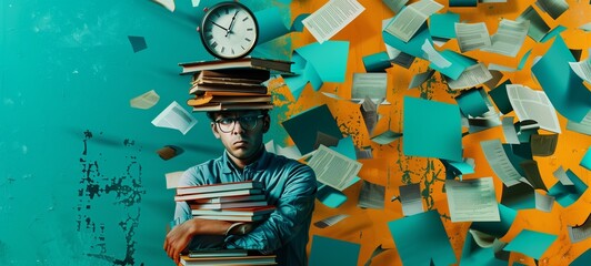 Portrait of a tired man with a stack of books topped by a clock on his head, against a teal and orange background with flying papers. Concept for time management, stress, and education. - obrazy, fototapety, plakaty