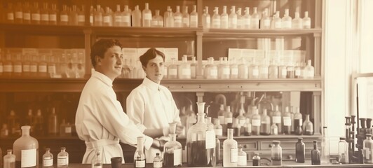 Historical pharmacy setting. Sepia-toned image of two young male pharmacists in white coats standing before shelves lined with various medicine bottles, conveying a classic apothecary atmosphere