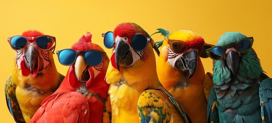A group of vibrant, fashionable parrots wearing sunglasses, set against a bright yellow background. Concept of tropical birds with a stylish twist. - obrazy, fototapety, plakaty