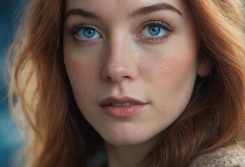 Close up fashion portrait of seductive sexy woman with big blue eyes ,full lips , prefect skin and long fluffy curled hairstyle. Natural make up.