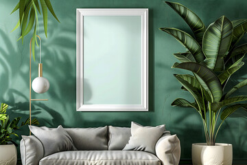 Cadre vierge sur un mur vert dans un intérieur de maison avec des plantes, un canapé  - obrazy, fototapety, plakaty