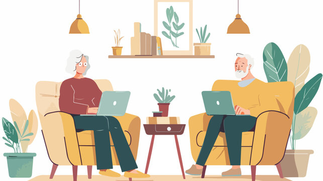 Senior couple using laptop at home illustration Flat