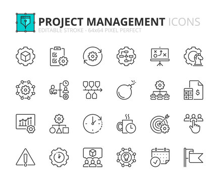 Line icons about project management. Pixel perfect 64x64 and editable stroke