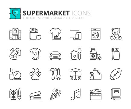 Line icons about supermarket. Pixel perfect 64x64 and editable stroke