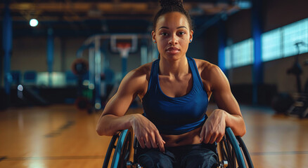 A dynamic photo of an athletic woman in her wheelchair, doing sport and showing off muscles