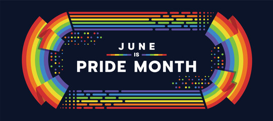 June is pride month, Text in frame with abstract modern curve rainbow pride flags and tabs circle dots around on dark background vector design