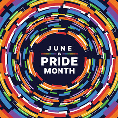 June is pride month, Text in circle frame with abstract modern tabs curve rainbow colorful pride flags on dark black background vector design