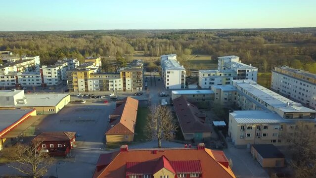 Apartment condos in Linkoping city, Sweden. Family housing in quiet neighborhood. Real estate development in Scandinavian suburbs