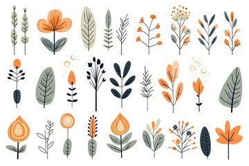 Set of flat illustrations of plants, trees, leaves, branches, bushes and pots. - obrazy, fototapety, plakaty