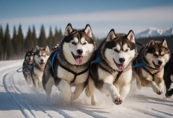 front view at four siberian huskys at race in winter
