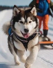 Naklejka premium front view at four siberian huskys at race in winter