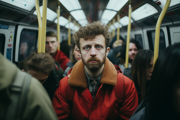 A sad depressed and alienated man makes his routine subway trip to work in the office - obrazy, fototapety, plakaty