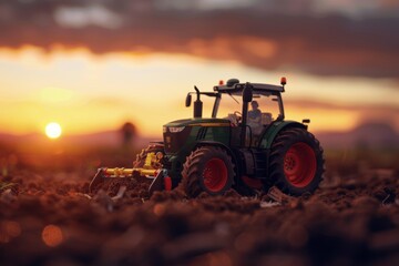 Obraz premium Toy tractor tilling the soil in the field at dusk