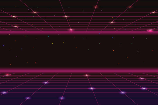 Pixel art background.8 bit game. retro game. for game assets in vector illustrations. Retro Futurism Sci-Fi Background. glowing neon grid. and stars from vintage arcade comp