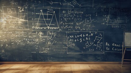 Blackboard inscribed with scientific formulas and calculations
 - obrazy, fototapety, plakaty