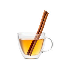 Cinnamon tea in a chic clear glass cup with steam and a cinnamon stick
