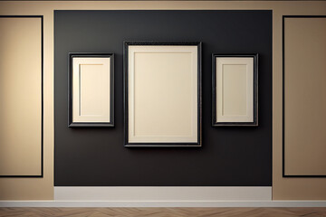 Interior in an art gallery, empty picture frames on the wall. 
