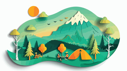 Summer camping paper cut style. Concept with mountain
