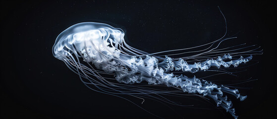 a jellyfish, light contrast, pure black background,