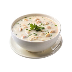 White bowl on clam chowder, Isolated on transparent background