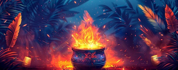 Indian Punjabi festival of lohri celebration fire background with decorated drum and bonfire with festival elements.art illustration - obrazy, fototapety, plakaty