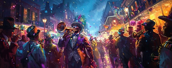 Mardi Gras in New Orleans: colorful floats, lively music, and elaborate costumes create a festive atmosphere as revelers parade through the streets Art illustration