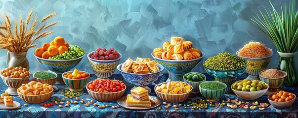 Nowruz festive table. arabic dessert baklava, sweets, nuts, dry fruits, green wheat grass on blue background.art illustration - obrazy, fototapety, plakaty