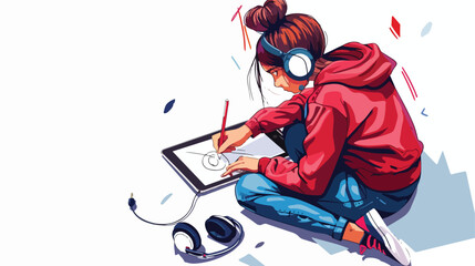 The girl is drawing on a tablet and headphones