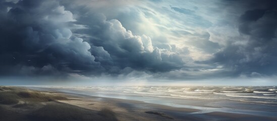 A solitary individual taking a leisurely stroll along the shoreline of the beach, with turbulent storm clouds looming overhead