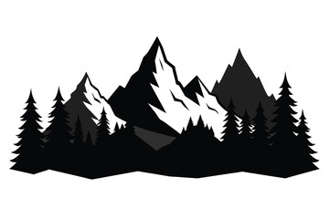 solid black color Landscape mountains with pine trees. Hand drawn vector illustration