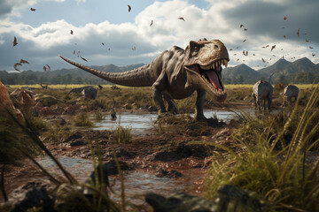 Fototapeta premium Image of dinosaurs in its environment. History of dinosaurs. Topics related to dinosaurs. History book. Extinction of dinosaurs.