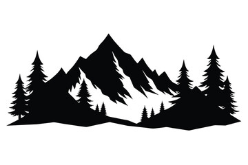 solid black color Landscape mountains with pine trees. Hand drawn vector illustration