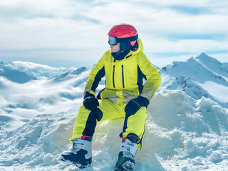 A teenager in a bright sport skiing suit sitting on the snow in the mountains