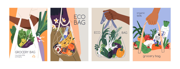 Eco grocery bags, poster designs set. Hands with shopping tote, supermarket mesh, net and vegetables, fruits, food. Natural organic sustainable cards, vertical backgrounds. Flat vector illustrations