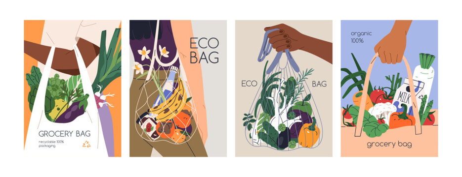 Eco grocery bags, poster designs set. Hands with shopping tote, supermarket mesh, net and vegetables, fruits, food. Natural organic sustainable cards, vertical backgrounds. Flat vector illustrations