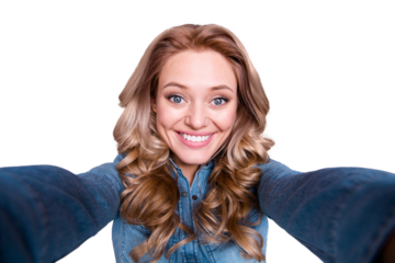 Self-portrait of her she nice cute fascinating lovely winsome charming attractive cheerful optimistic wavy-haired lady wearing blue shirt isolated over gray violet purple pastel background