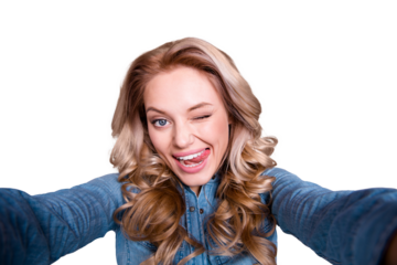 Self-portrait of her she nice cute lovely charming attractive cheerful cheery childish wavy-haired lady wearing blue shirt flirting isolated over gray violet purple pastel background